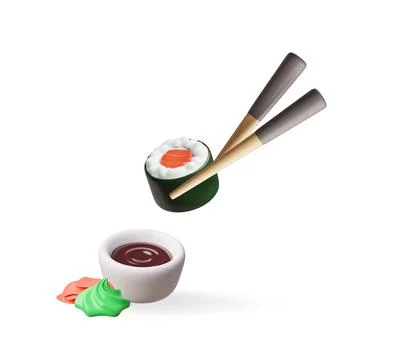 3D round sushi roll with trout or salmon, soy sauce, wasabi, pickled ginger.. Stock Illustration