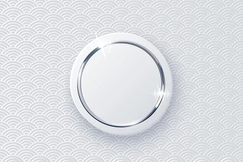 3d round white button with shiny silver, chrome metal circle frame on sea wave Stock Illustration
