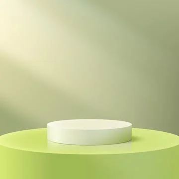 3D round white circle rests on top of a green cylinder podium with light be.. Stock Illustration