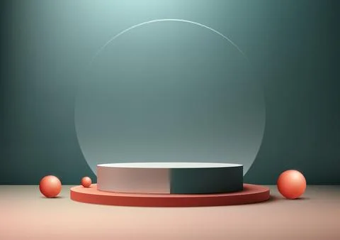 3D of round white podium with circle transparent glass backdrop Stock Illustration