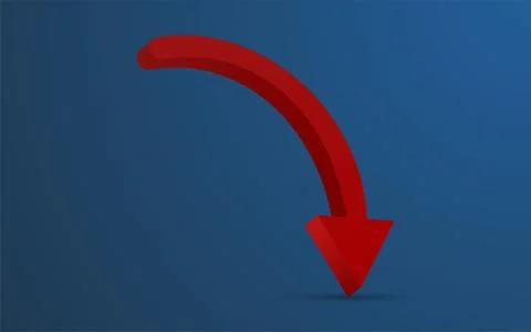 3D rounded red arrow representing loss or warning on blue gradient background Stock Illustration