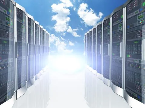 3d rows network servers datacenter on sky cloud background Stock Illustration