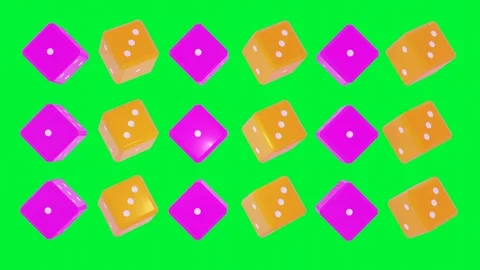 3d rows of orange and purple hexagonal game cubes spinning on green background.  Stock Footage 300187944