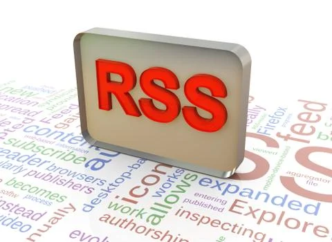 3d rss on rss wordcloud background Stock Illustration