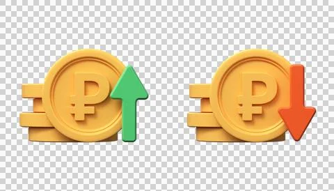 3d ruble coins with up and down arrows. The rise and fall of the ruble. Stock Illustration