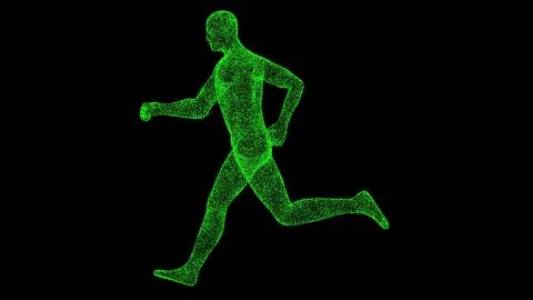 3D running man on black bg. Object dissolved green flickering particles. Busi イラスト素材