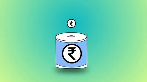 3d Rupee saving box isolated on gradient background. Illustrazione stock