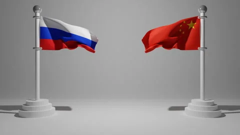 3D Russian flag on China flag  a flagpole fluttering in the wind Stock Footage 237852225