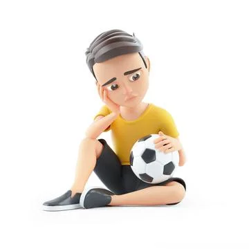 3d sad boy sitting on floor with soccer ball Stock Illustration