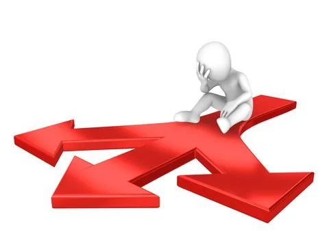 3d sad thinking man on red arrow. Choice concept. Stock Illustration