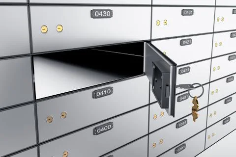 3D safe deposit boxes with open one safe cell. Stock Photos