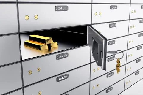 3D safe deposit boxes with open one safe cell. Stock Photos