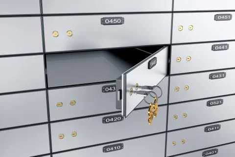 3D safe deposit boxes with open one safe cell. Stock Photos