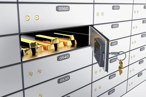 3D safe deposit boxes with open one safe cell. Stock Photos