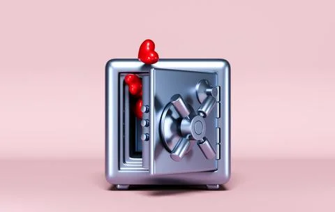 3D Safe Full of Red Hearts on Pink Background Stock Illustration