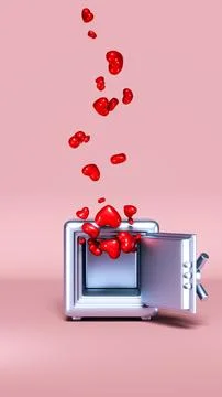 3D Safe Full of Red Hearts on Pink Background Stock Illustration