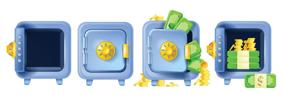 3D safe icon set, vector bank money open iron box, closed isolated vault Ilustración de archivo
