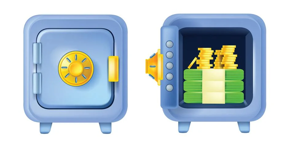 3D safe icon set, vector bank money open iron box, golden coin stack, lock Illustrazione stock
