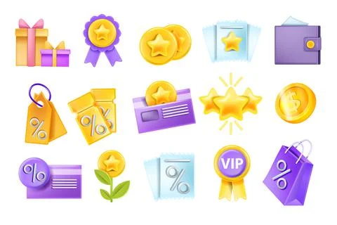 3D sale vector icon set, discount coupon voucher, loyalty program bonus coin Stock Illustration