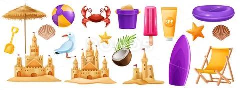 3D sand castle set, beach summer vacation vector clipart kit, kid ...