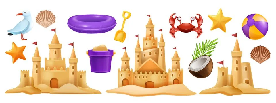 3D sand castle set, vector summer beach vacation clipart kit, kid bucket イラスト素材
