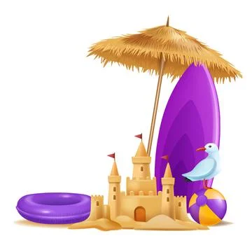 3D sand castle vector illustration, summer beach building tower clipart Ilustración de archivo