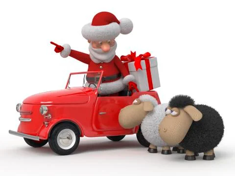 3d santa claus by car with sheep Stock Illustration