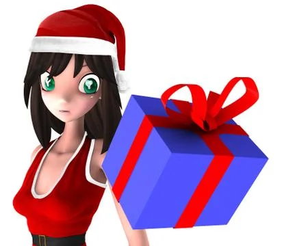 A 3d santa lady is looking at a gift box Stock Illustration