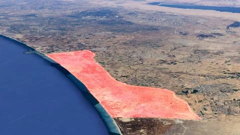 A 3D satellite image map of the earth showing the Gaza Strip in Palestine, .. Fotos Stock