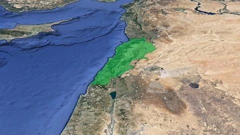 A 3D satellite image map of the earth showing Lebanon highlighted in green... Stock-Fotos