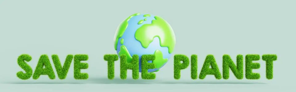 3d save the planet text of green grass letters with earth globe. World earth day Stock Illustration