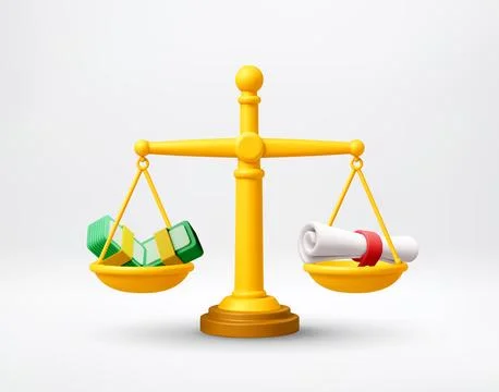3D scale balancing money stack and diploma roll Ilustração Stock