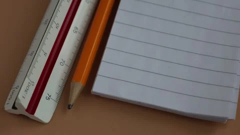 3D Scale ruler, yellow pencil and paper. Stock Footage 304631290