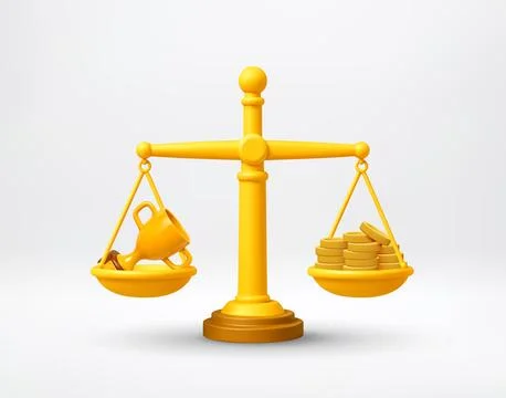 3d scale weighing trophy cup and stack of coins Ilustração Stock