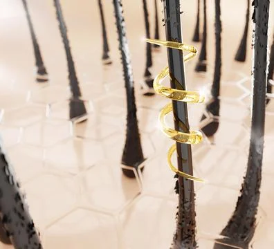 3d scalp with liquid hexagon cell pattern and follicles with gold oil spiral Illustrazione stock