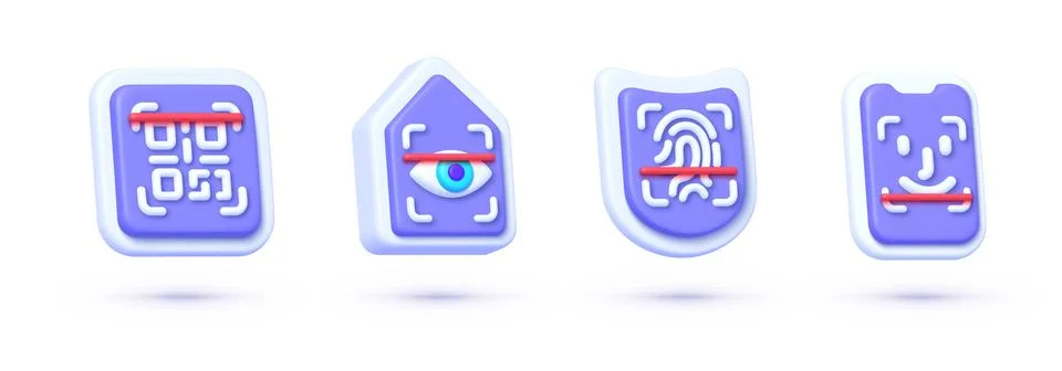 3d scan set for web design. Face id, Finger scan, Eye scan, Qr code scan. Data Stock Illustration