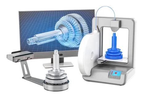 3d scanner, 3d printer and computer monitor, 3D rendering Illustrazione stock