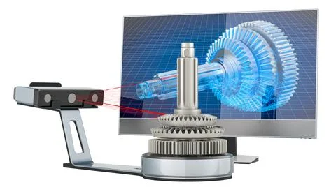 3D scanner scanning of detail with computer monitor, 3D rendering Stock Illustration