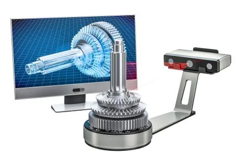 3d scanner scanning of object with computer monitor, 3D rendering Stock Illustration