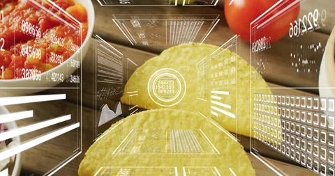 3D scanning interface activating over tortilla chip, rotating panels visualizing Video stock 320506609