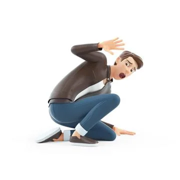 3d scared cartoon man sitting on the floor Illustrazione stock