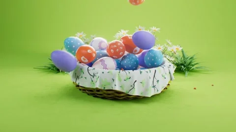 3d Scene Of Dropping Colorful Easter Eggs Into Basket 库存影片 264049435