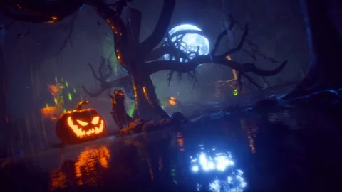 3d Scene Of Perusing Through Forest Of Halloween Monsters, Moon Vidéo 264049625