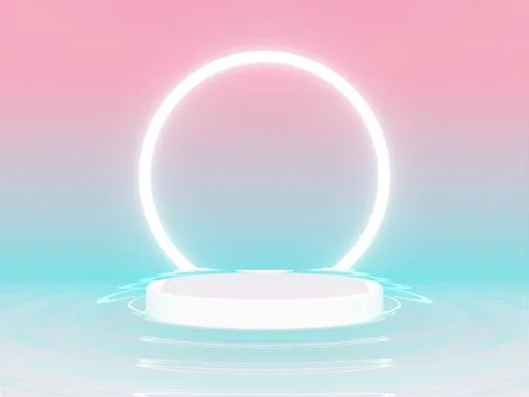 3D Scene - Platform for success on the waves There is a neon circle in the backg Stock Photos