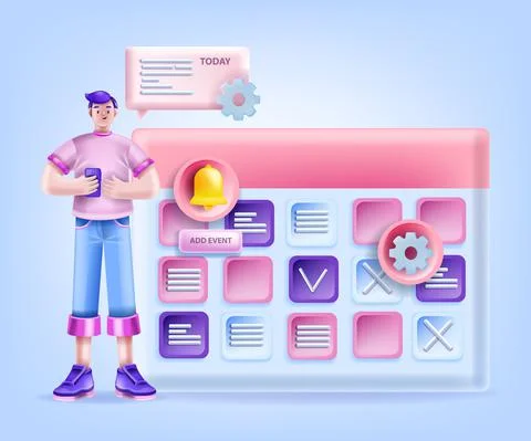 3D schedule calendar plan concept, vector busy young man character Illustrazione stock