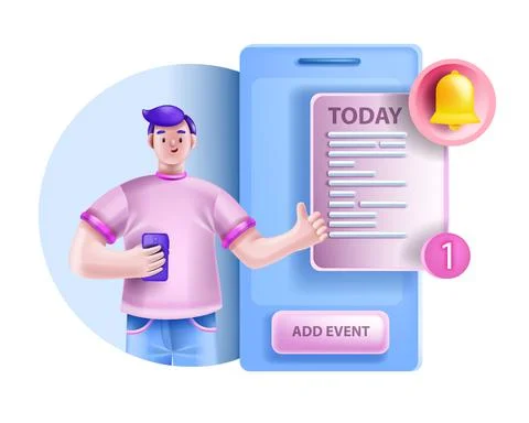 3D schedule calendar work event concept, vector busy young man character Stock Illustration