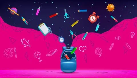 3D school background. Students learning books and stationery. Backpack with 스톡 일러스트