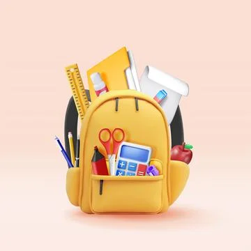 3D School backpack full of stationery items Illustrazione stock