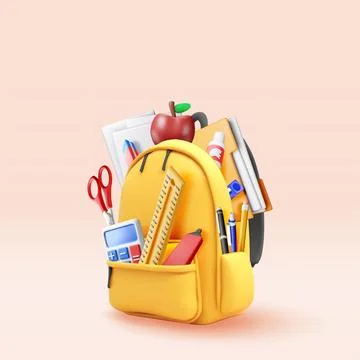 3D School backpack full of stationery items Illustrazione stock