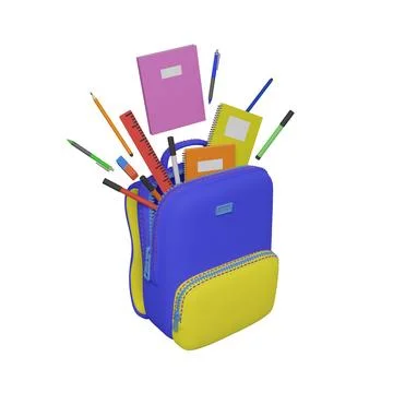 3d school backpack with school supplies. Pencils, pens, notebooks, ruler Stock Illustration